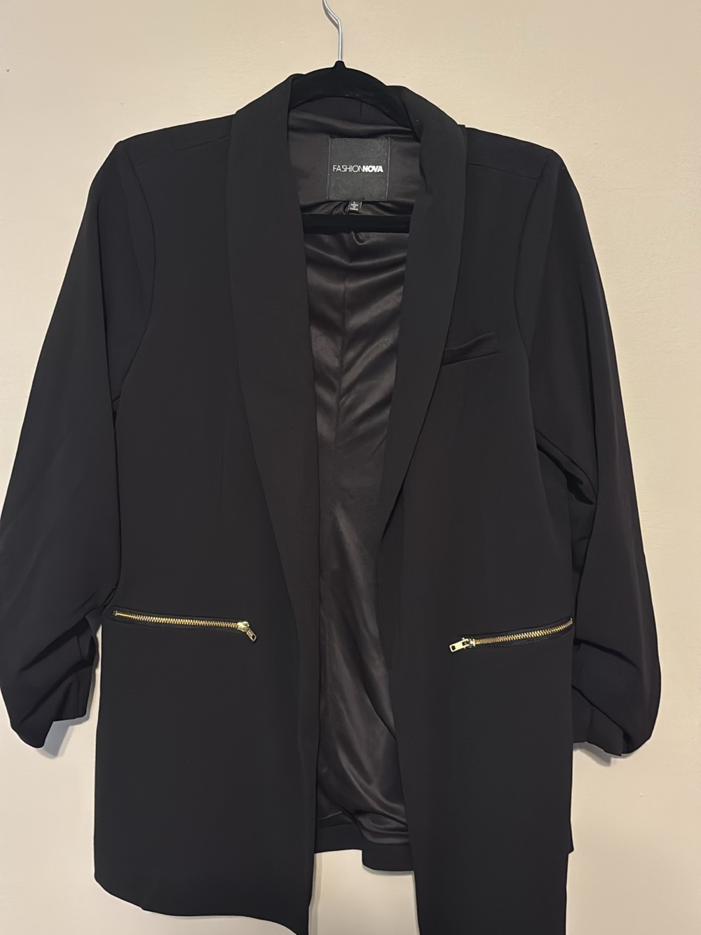 Fashion Nova Black Open-Front Blazer with Gold Zippers
